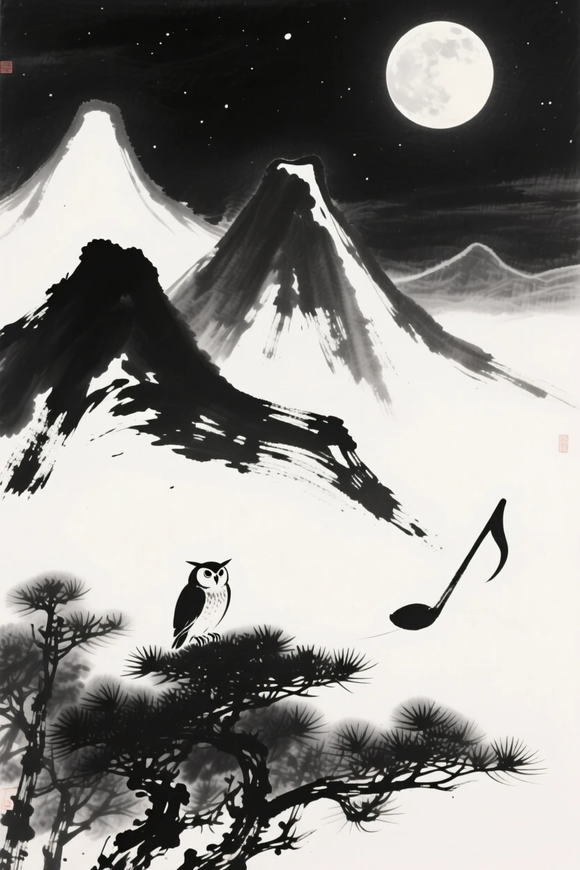 A full moon rises above a range of silhouetted mountain peaks, as an owl calls from somewhere deep in the trees.