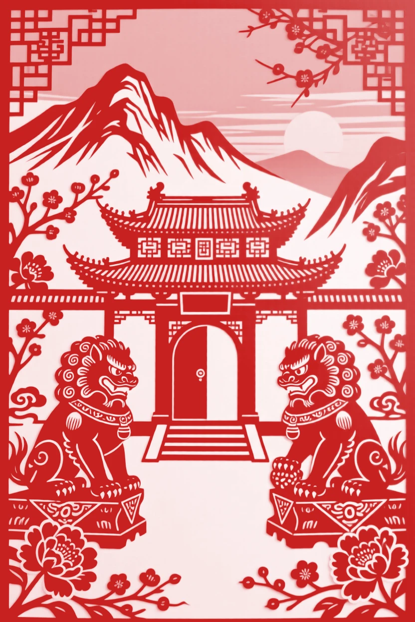 A mountain monastery, in the golden hush of a summer evening, stone lions standing watch at its entrance.