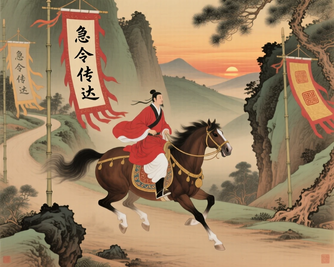 A messenger on horseback racing along a mountain road at dusk, beneath banners fluttering in the wind