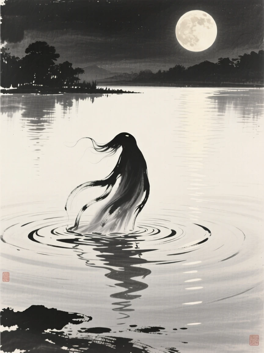 A water spirit emerging gently from a still lake beneath the glow of a full harvest moon, seen from below, looking up in quiet awe, carrying a sense of magic woven into the natural world.