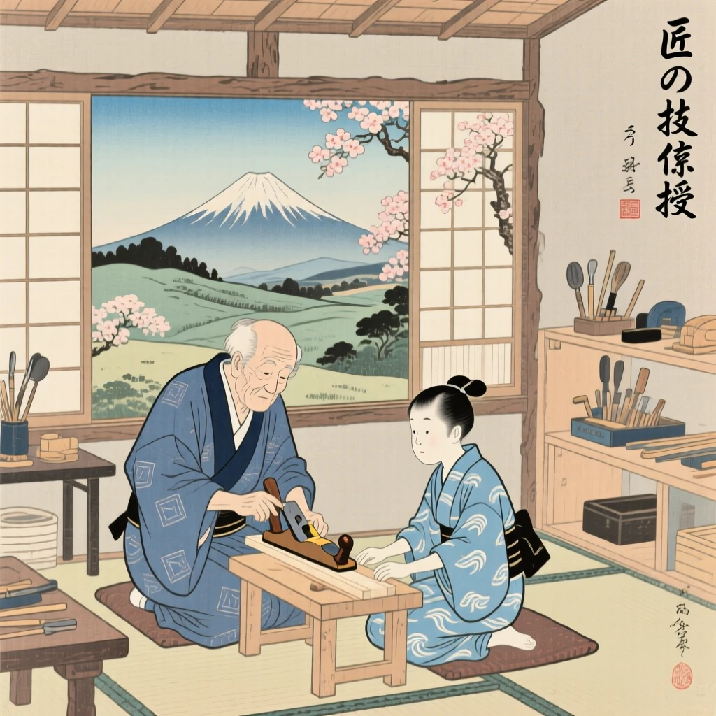 A grandfather and grandson passing down skills in a quiet workshop.