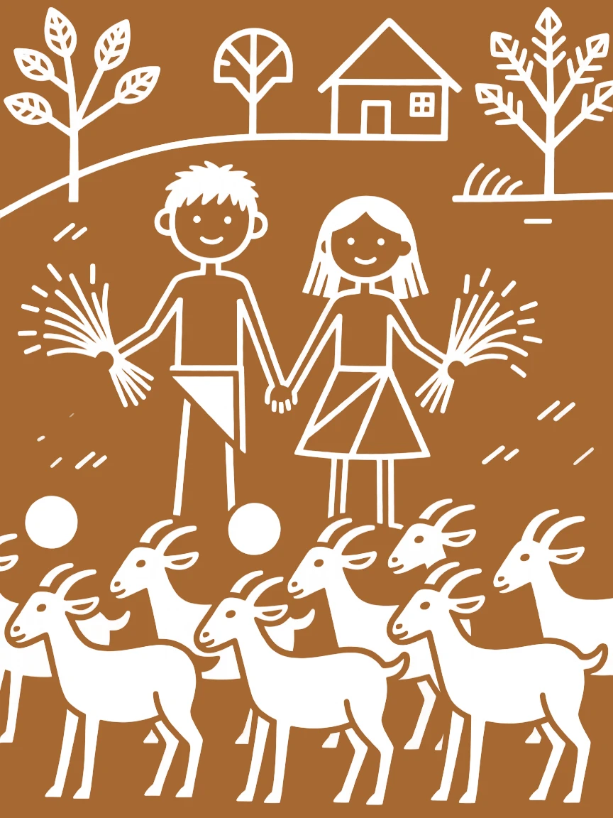Two young siblings feeding a herd of goats together.