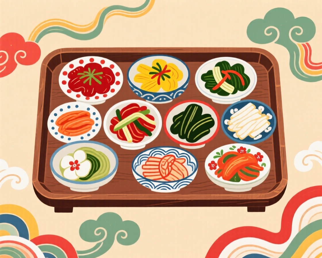 A tray of mixed pickled vegetables in small ceramic dishes.