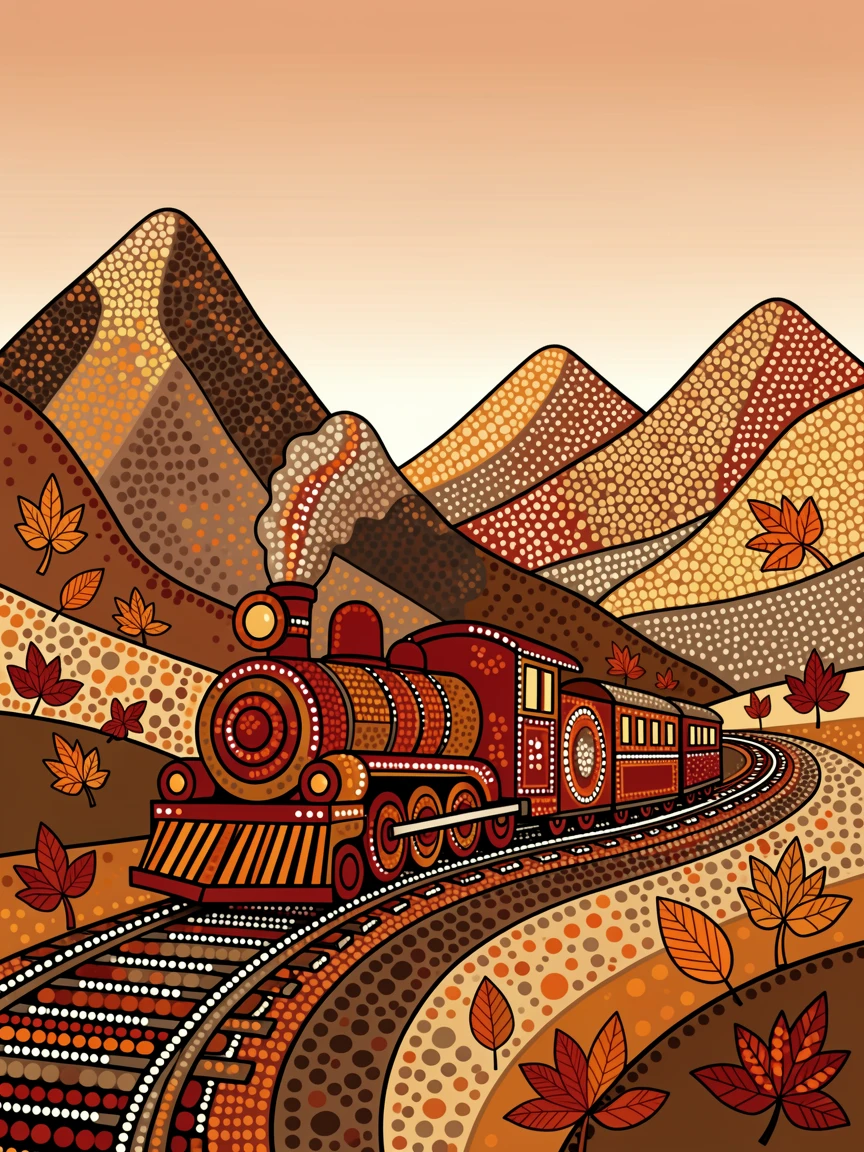 A vintage train winding through autumn mountains