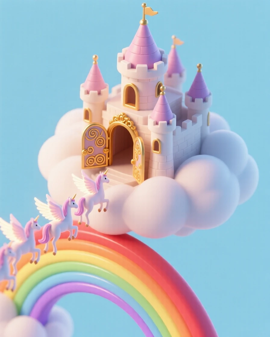 A cloud castle floating above a rainbow, its gates opening to welcome a flock of arriving pegasi.