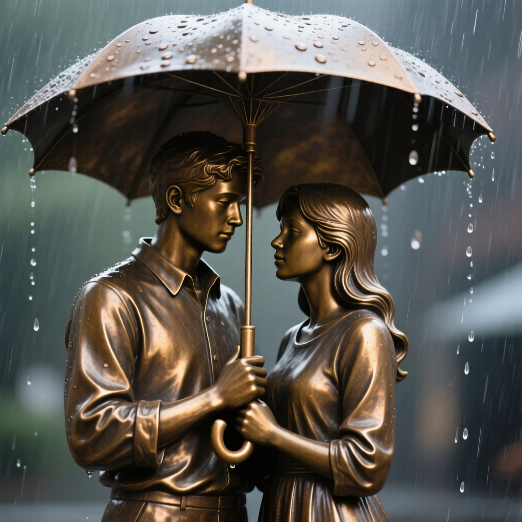 A young couple sharing an umbrella in the rain, in a moment of pure emotion, forming a strong central focal point