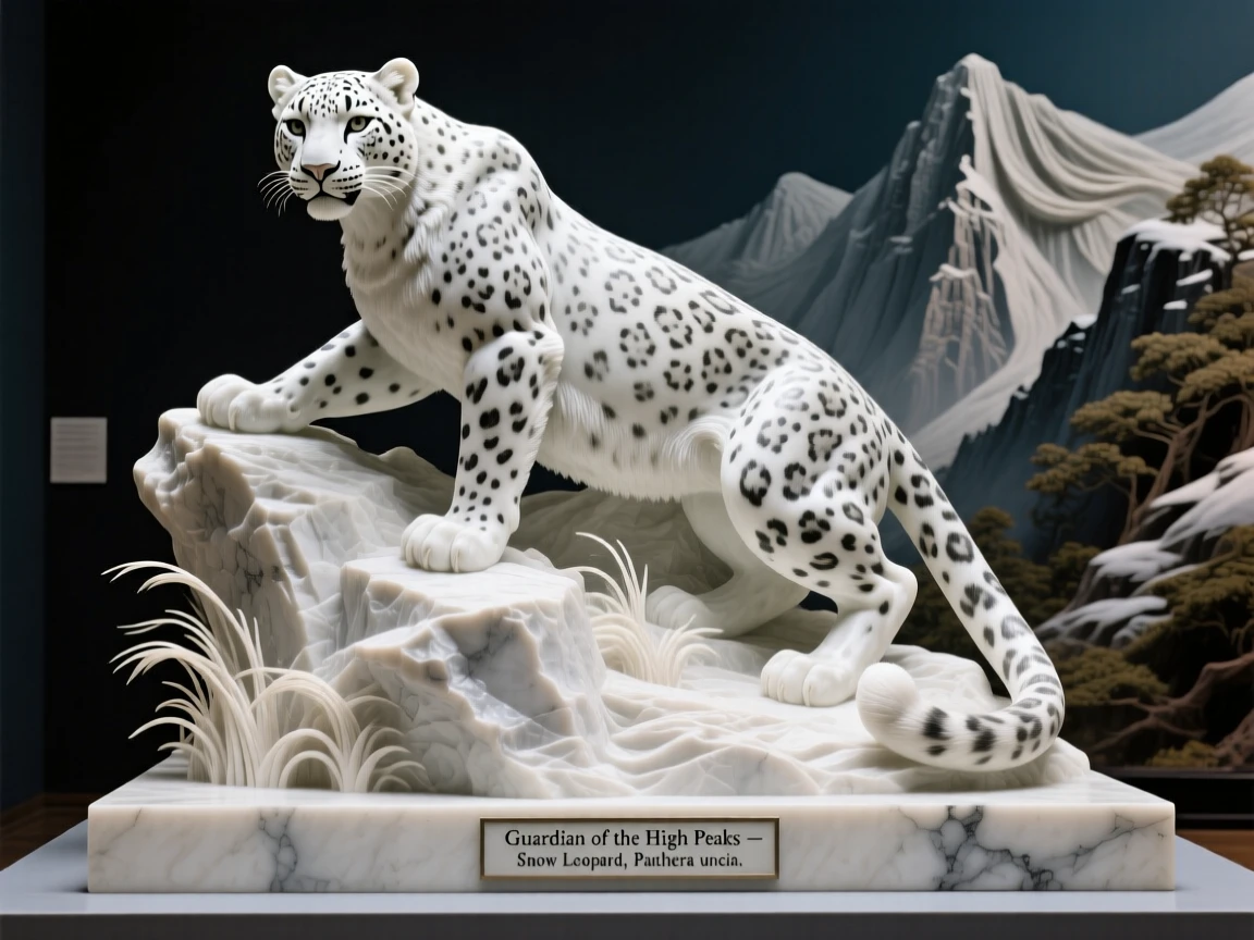 A vivid, emotionally rich scene of a snow leopard perched on a rocky outcrop, framed by dramatic natural scenery, designed to captivate and inspire