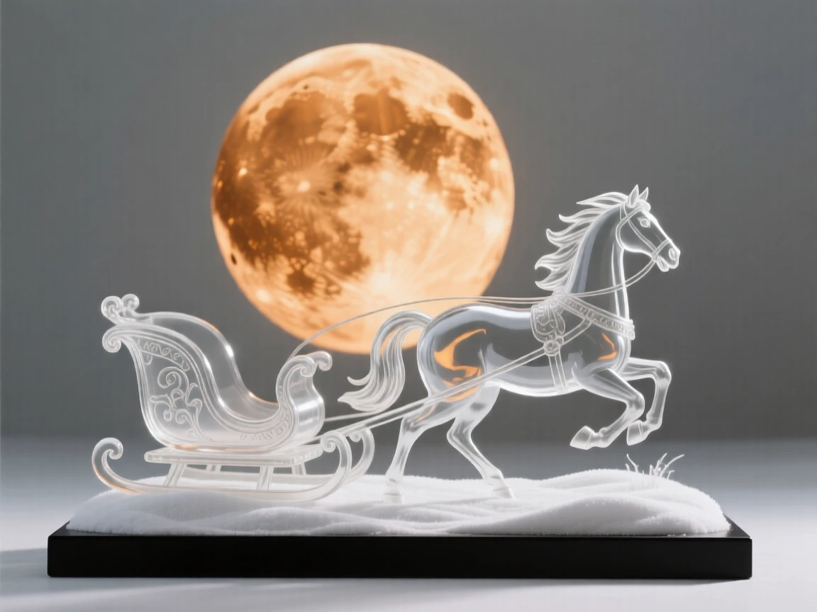 Beneath a harvest moon rising over the fields, a horse-drawn sleigh gliding across a snow-covered field
