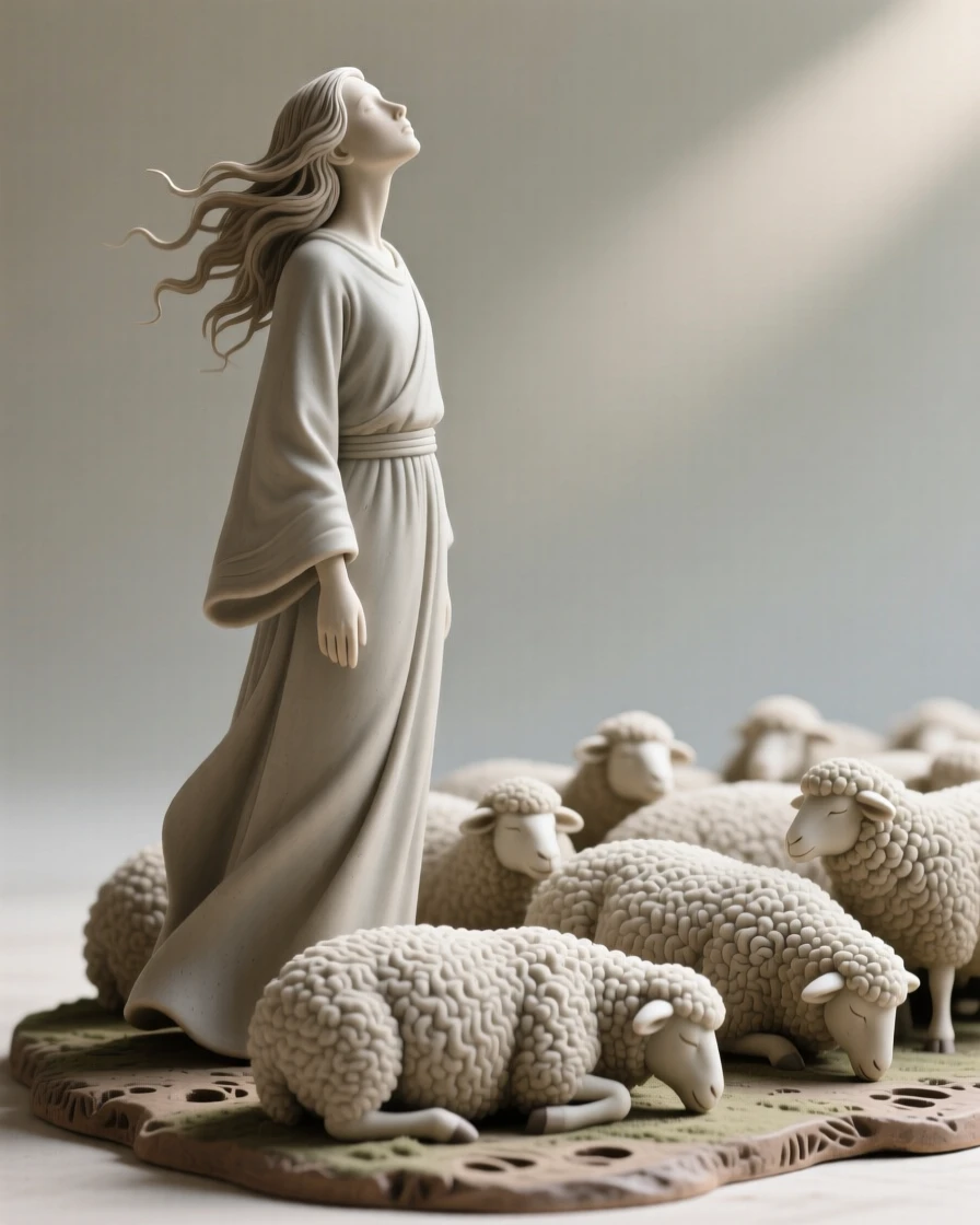 A shepherd watching over a resting flock reaching upward as if toward the light, framed by strands of loose, wind-blown hair, filling the scene with joy and gentle wonder.