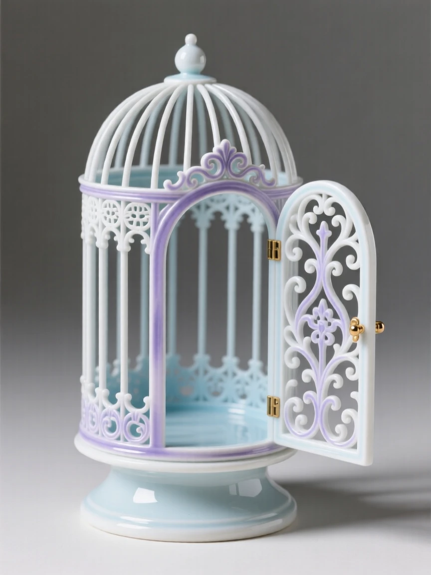 An elegant filigree birdcage with its door open, exquisitely detailed and finely crafted.