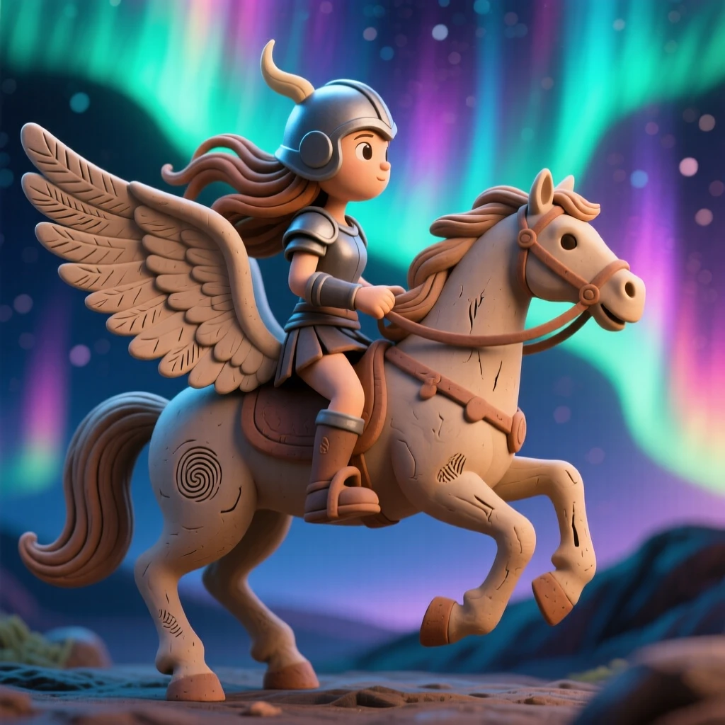 A valkyrie riding through the aurora on a winged horse