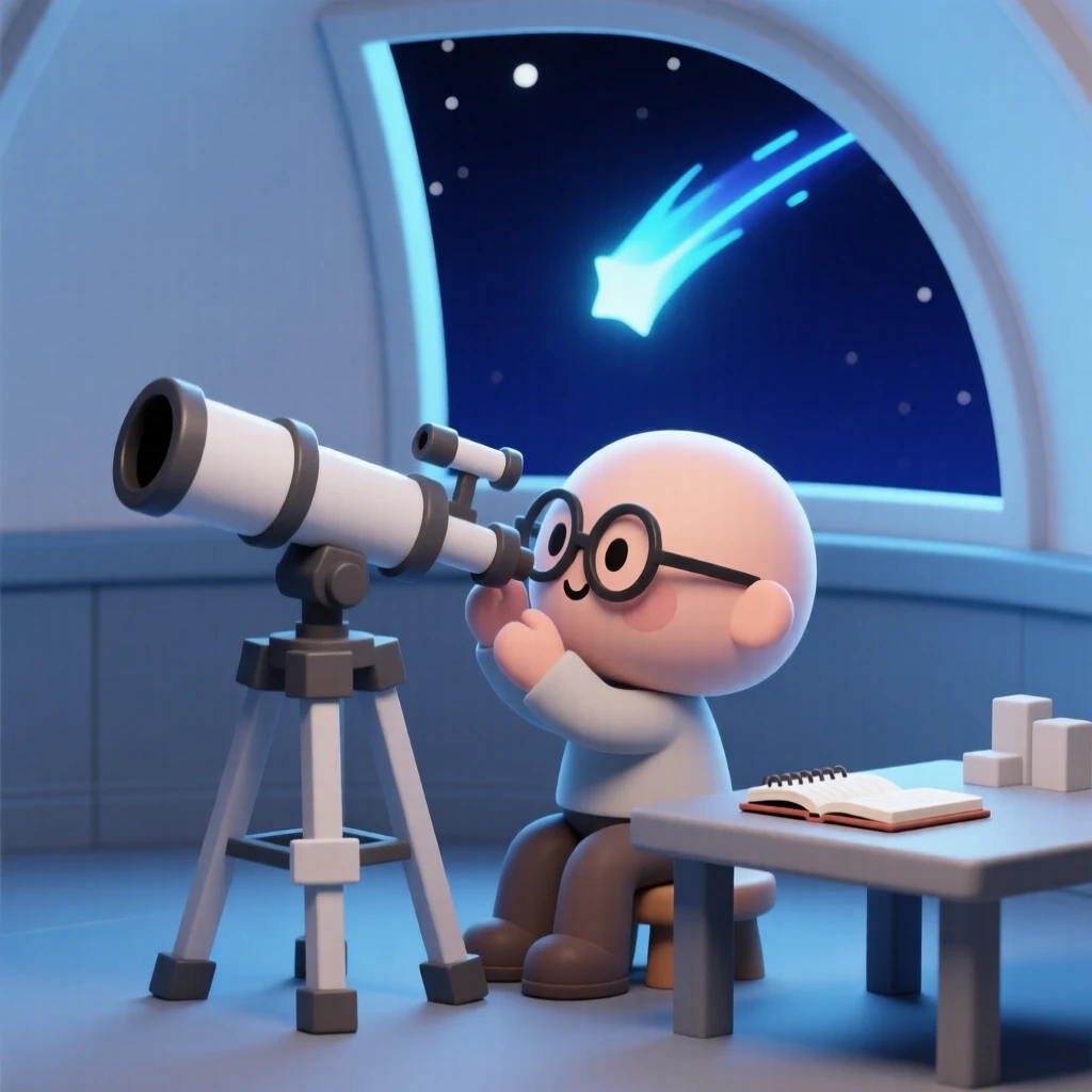 A focused astronomer photographs a passing comet through a large observatory telescope at midnight, notebook open nearby.