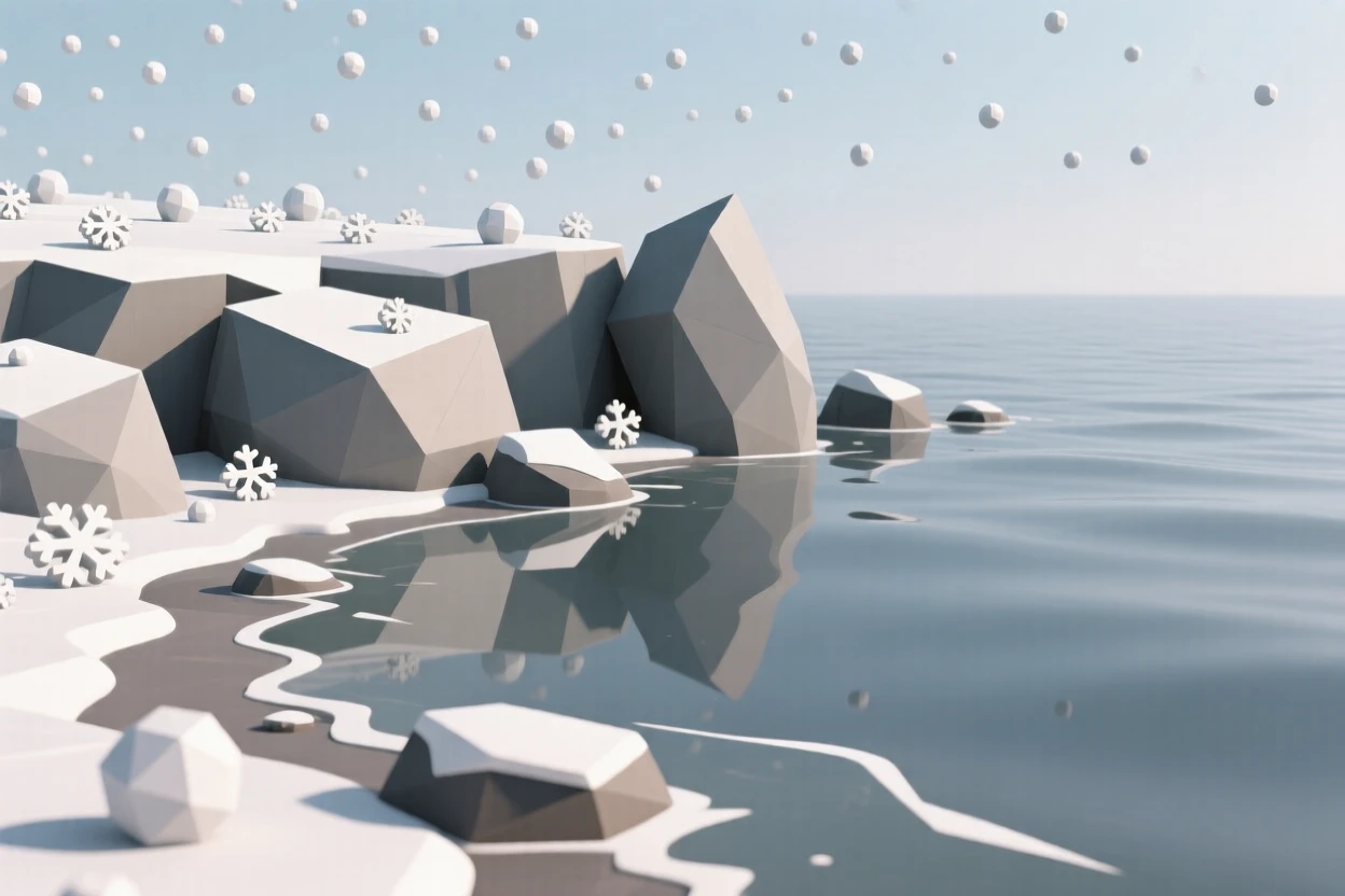 A rocky shoreline battered by ocean spray, beneath a blanket of soft snowfall. reflections in the water double the scene's beauty. A gentle warmth radiates through the scene.