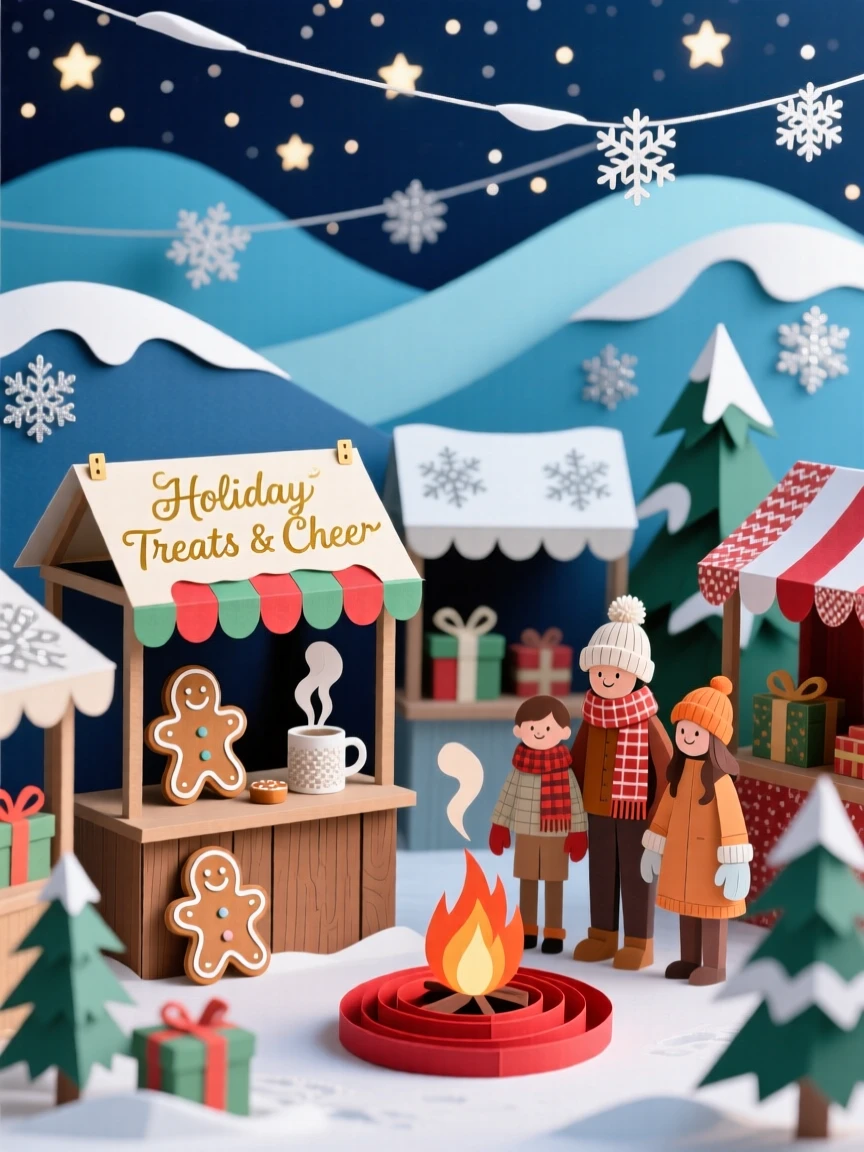 A festive winter holiday market glowing softly under a starry sky, with family gathered warmly together, evoking nostalgic seasonal magic.