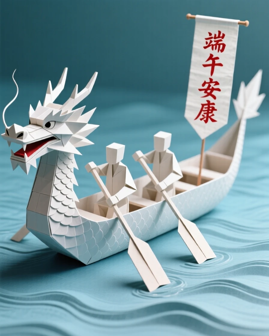 A Chinese Dragon Boat Festival scene with a decorated boat racing down a river.