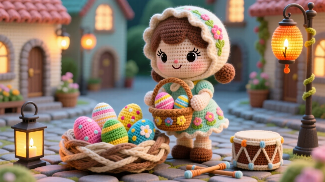 A festive cultural scene of a little girl carrying a basket of decorated eggs for a spring tradition, placing them gently in a woven nest within a lantern-lit village square; a small drum resting nearby nearby, full of the cheerful spirit of a beloved tradition.