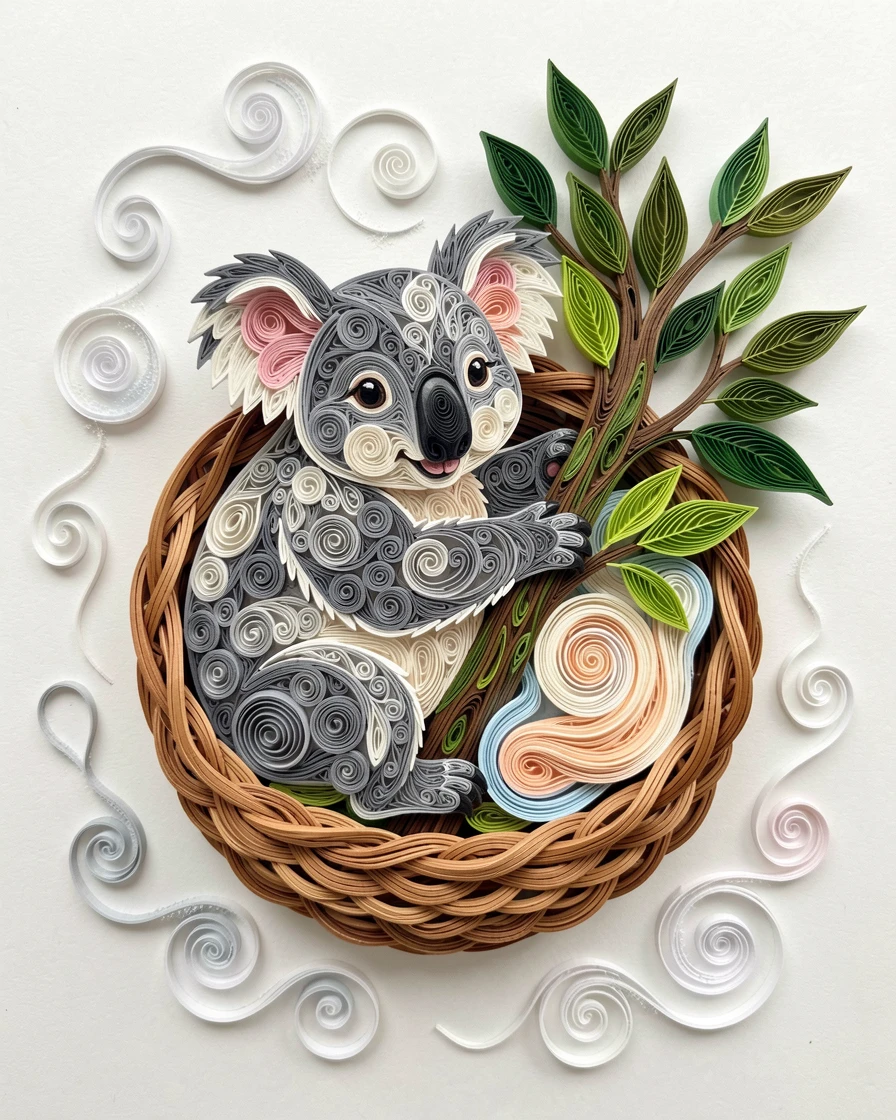 a plump koala hugging a eucalyptus branch, inside a wicker basket lined with soft blankets, shown from a gentle overhead perspective, under a dusting of soft morning mist.