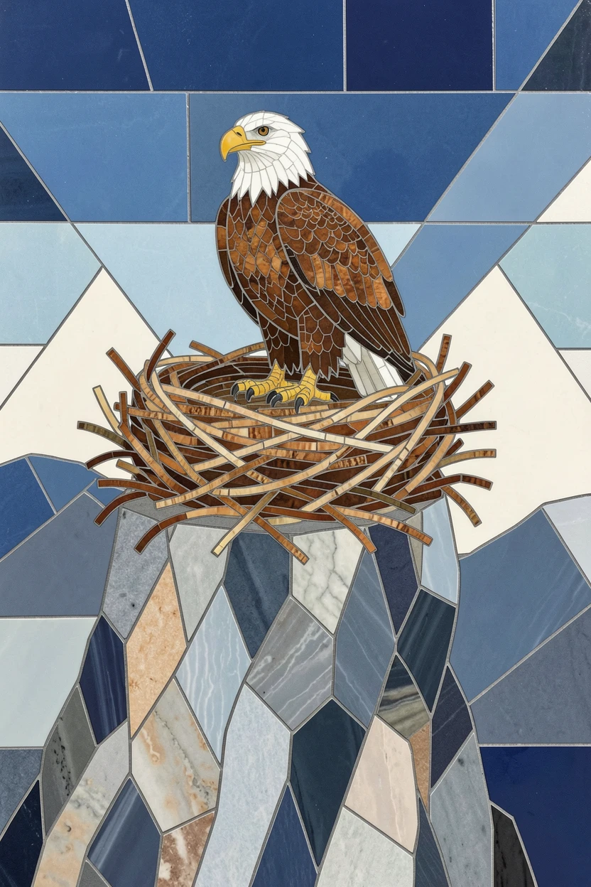 A majestic bald eagle nest perched high on a rugged cliff face.