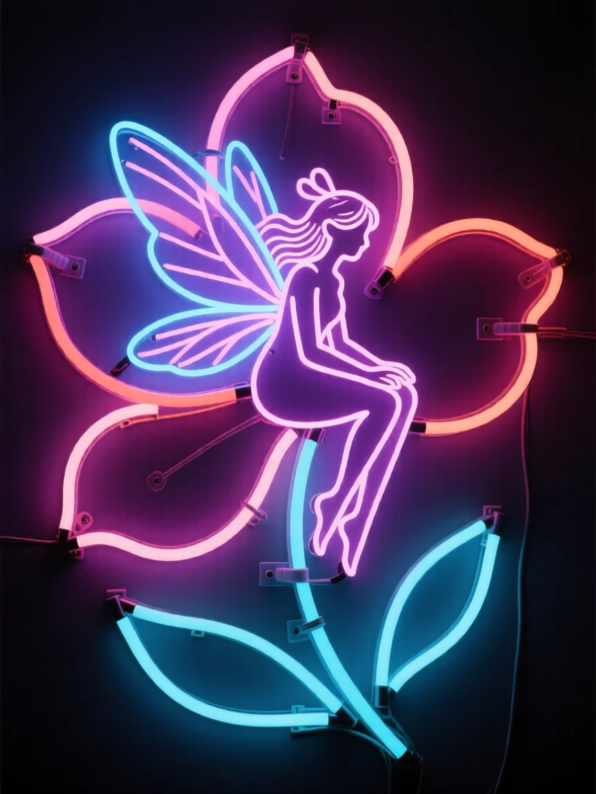 A winged fairy resting on the petal of a giant flower.