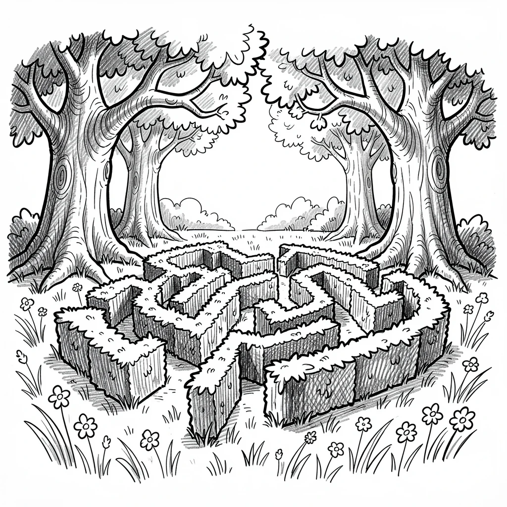 A castle garden maze with tall hedges in a meadow beneath towering trees.