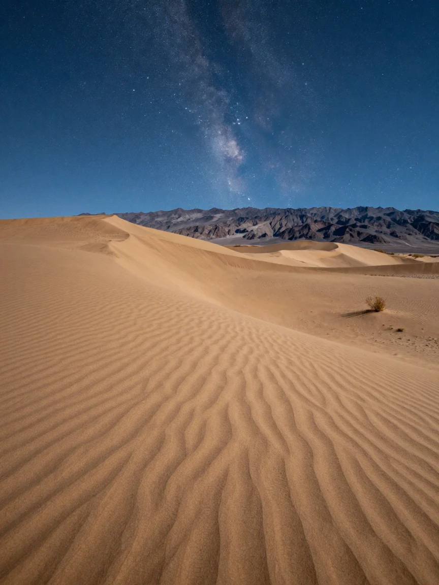 A Death Valley sand dune rippling under a starry sky
