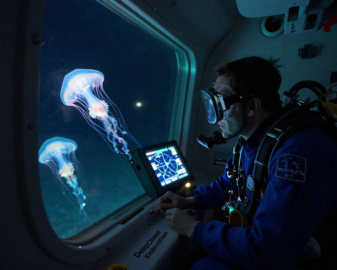 A researcher examining glowing bioluminescent creatures in a deep sea submersible
