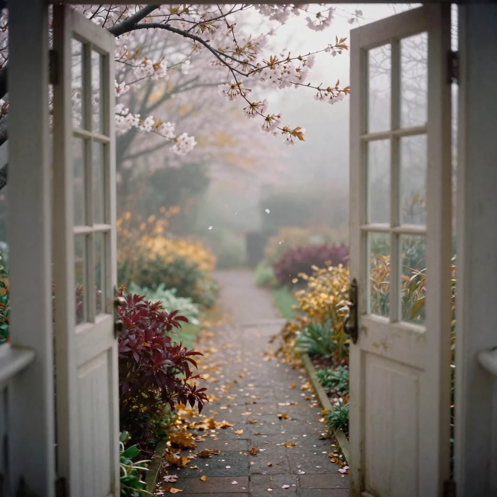 Cherry blossoms drifting gently onto a quiet garden path, in soft window light, in thick rolling fog, in the mild days of early autumn, with rich burgundy and gold accents, framed through an open doorway.