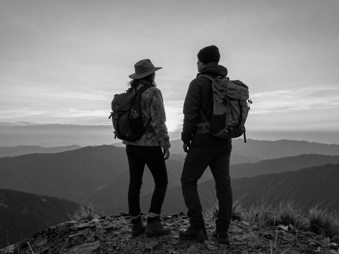 Two hikers who just met watch the sunrise together from a summit atop a windswept ridge.