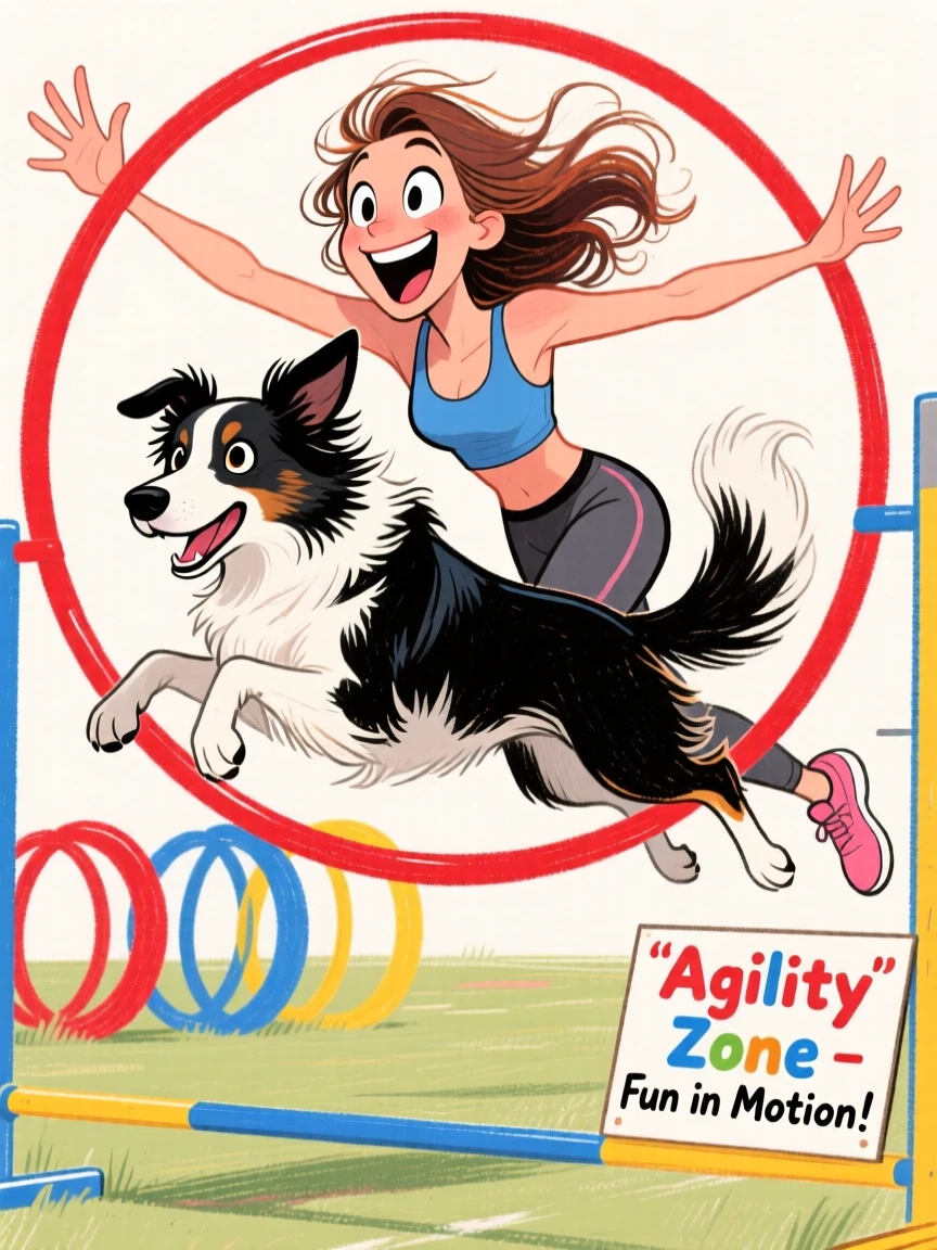 A woman doing agility training with her energetic border collie leaping through hoops.