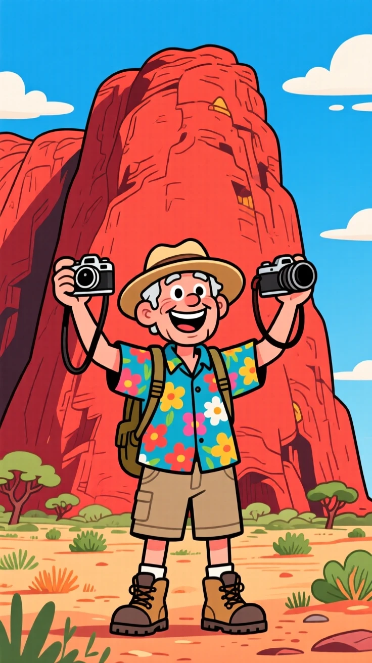 An iconic travel scene featuring an adventurous retiree standing before the towering red rock of Uluru, with cameras raised and wide smiles.