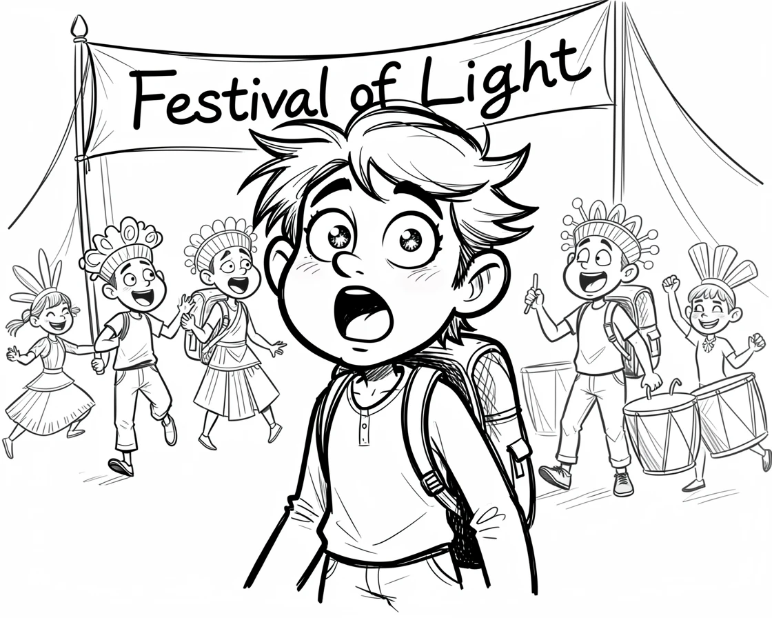 [Travel & Cultural Experiences] Vivid travel scene of a wide-eyed solo adventurer watching a traditional festival parade, full of wonder and adventure