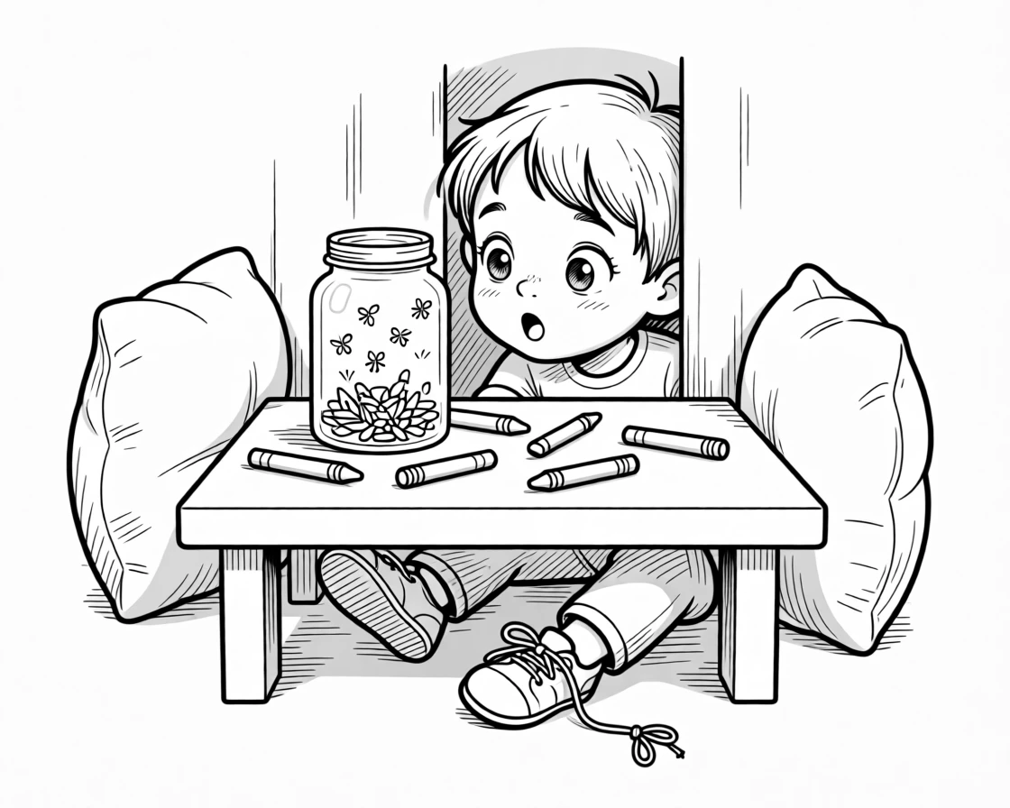 A child staring in wonder at a jar of fireflies, peeking out through a gap in the pillow walls, set at a table covered in scattered crayons. A shoelace trails untied and forgotten. There's an innocent, giggly charm to the whole moment.