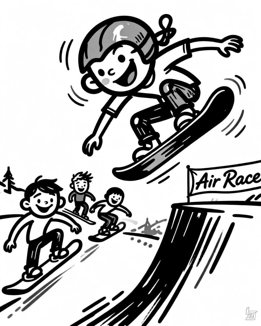 A snowboard cross racer catching air over a jump, competitors close behind.