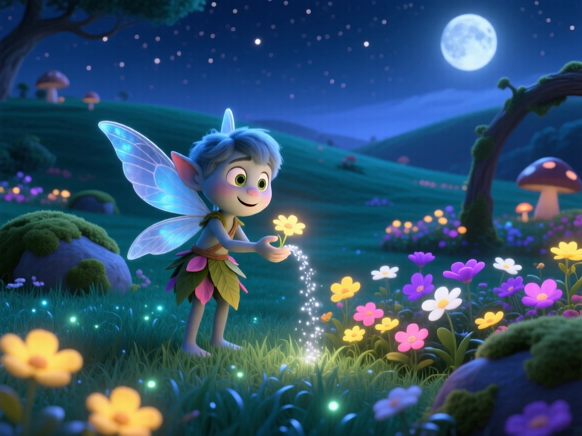 A moonlit sprite stands in a meadow where the grass glows softly at night, tending to a garden of luminous flowers. A magical, wondrous stillness fills the scene, with soft glowing light illuminating every surface.
