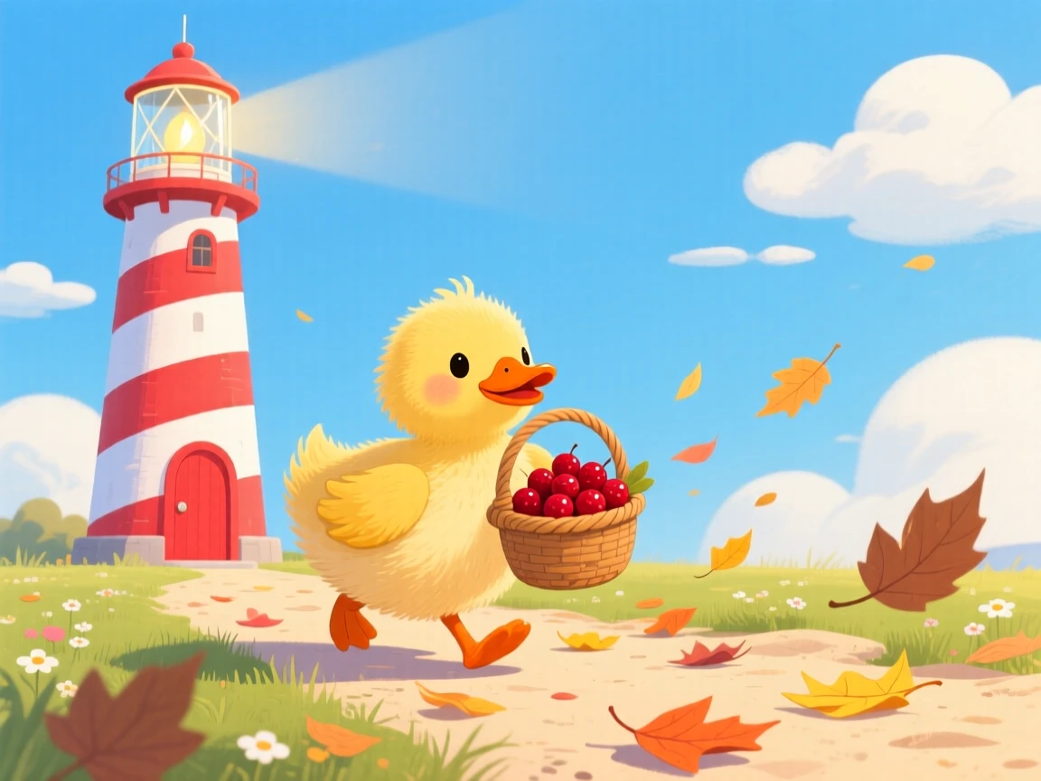 In a striped lighthouse, a fuzzy duckling spends the afternoon carrying a basket of berries, with a trail of fallen leaves swirling around.