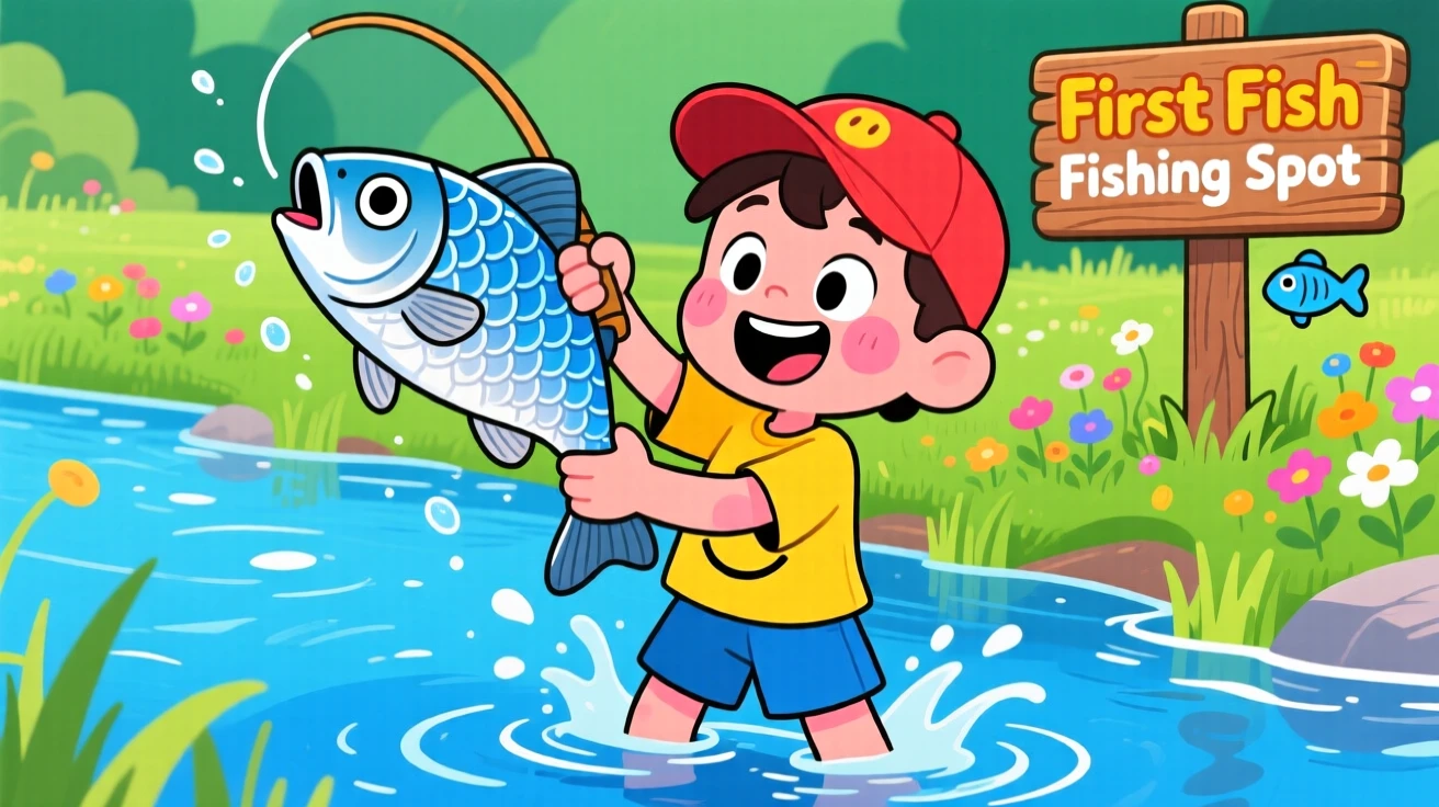 A child catching their first fish and holding it up proudly.