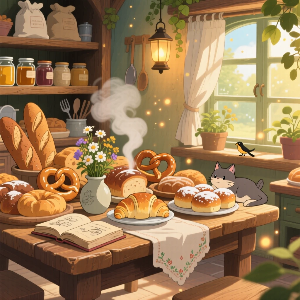 A warm, inviting scene of a table piled with freshly baked bread and pastries, as steam curls gently into the air.