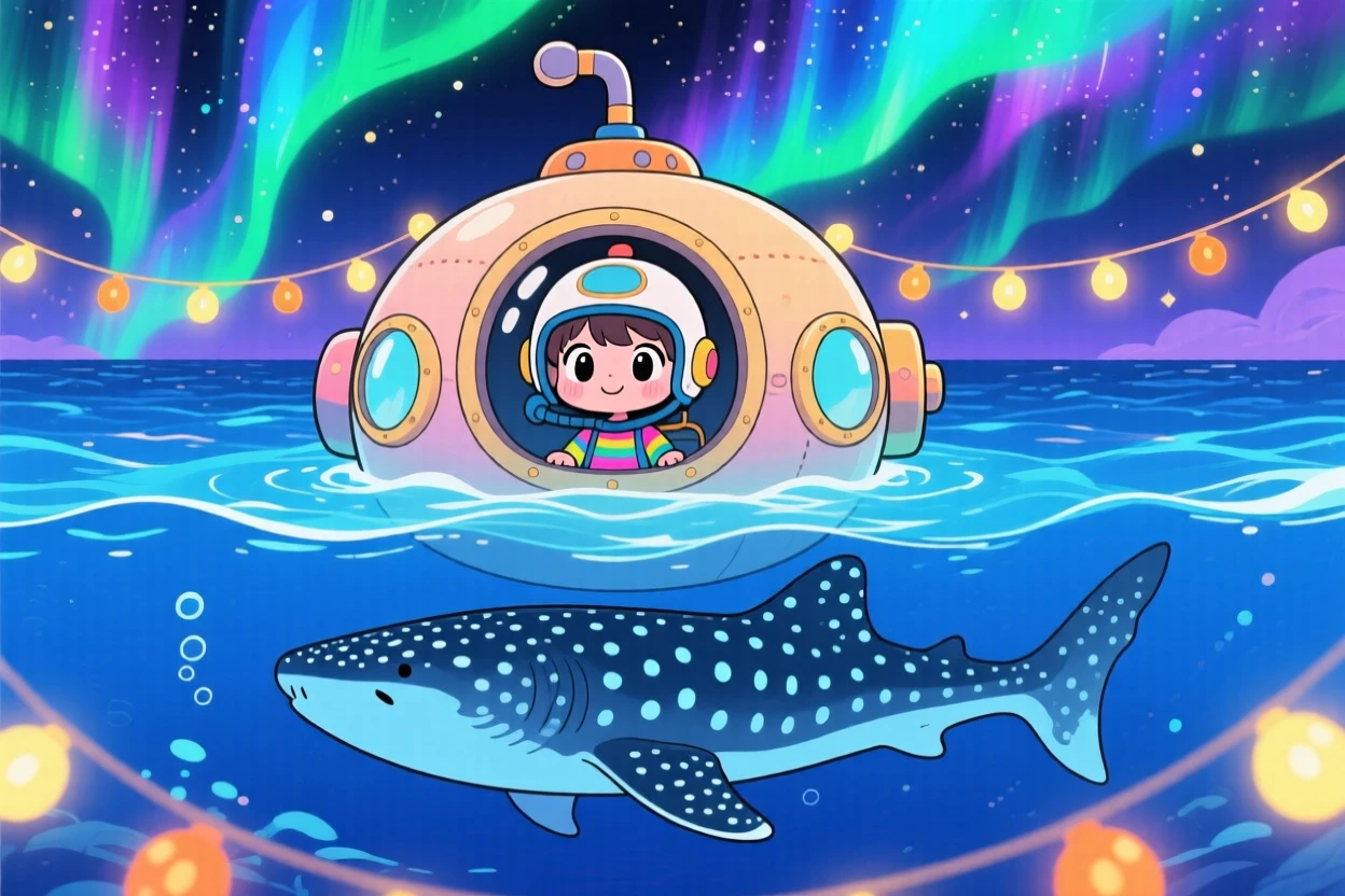 In the deep blue open ocean, a small child in a submarine is spotting a gentle whale shark beneath swirling aurora-lit skies, bathed in warm fairy-light glow, expression full of quiet contentment. Shot as a symmetrical front-on view.