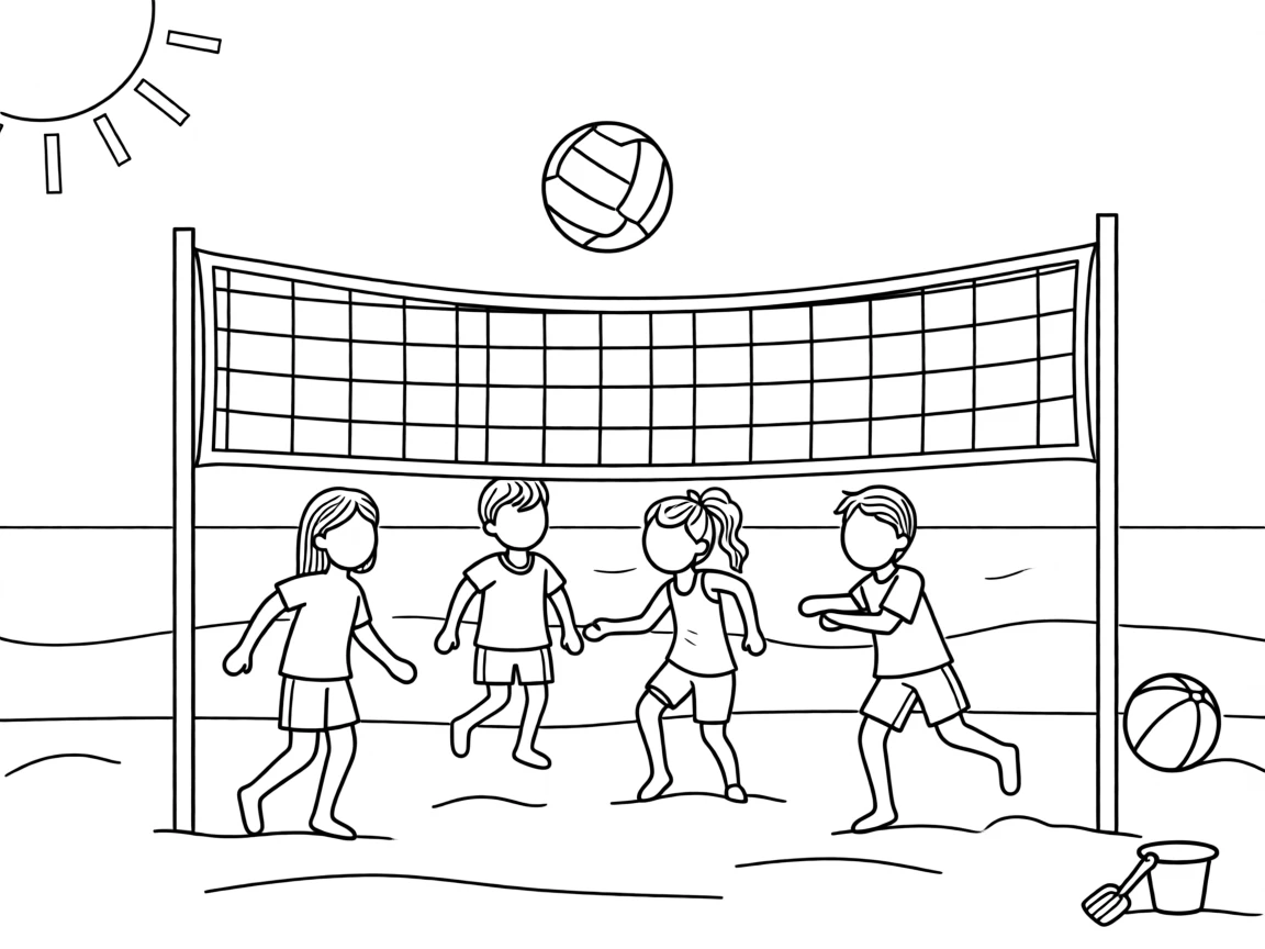 A group of kids playing volleyball on a sunny beach