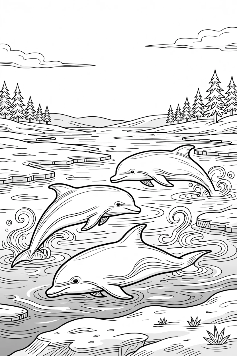 A pod of dolphins crossing a frozen tundra, with mist curling around its paws.