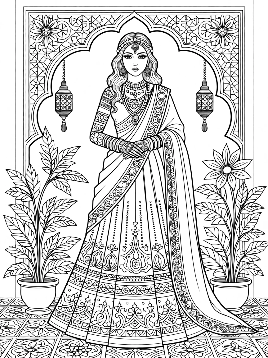 A bride adorned in elaborate henna patterns and jewelry.