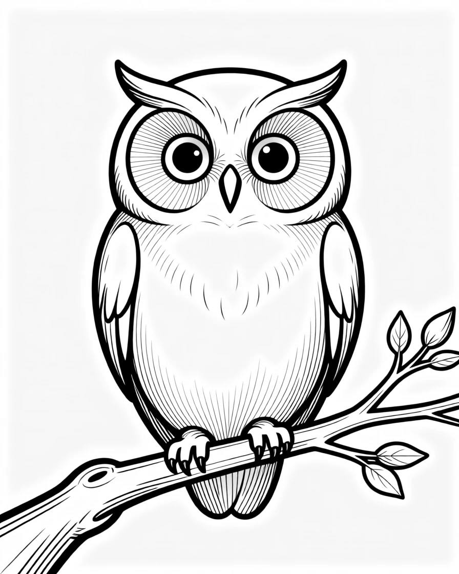 A round-bodied owl with oversized eyes perched on a branch