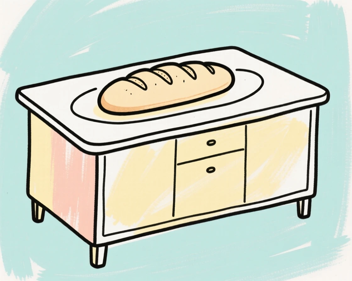 A kitchen island with fresh bread