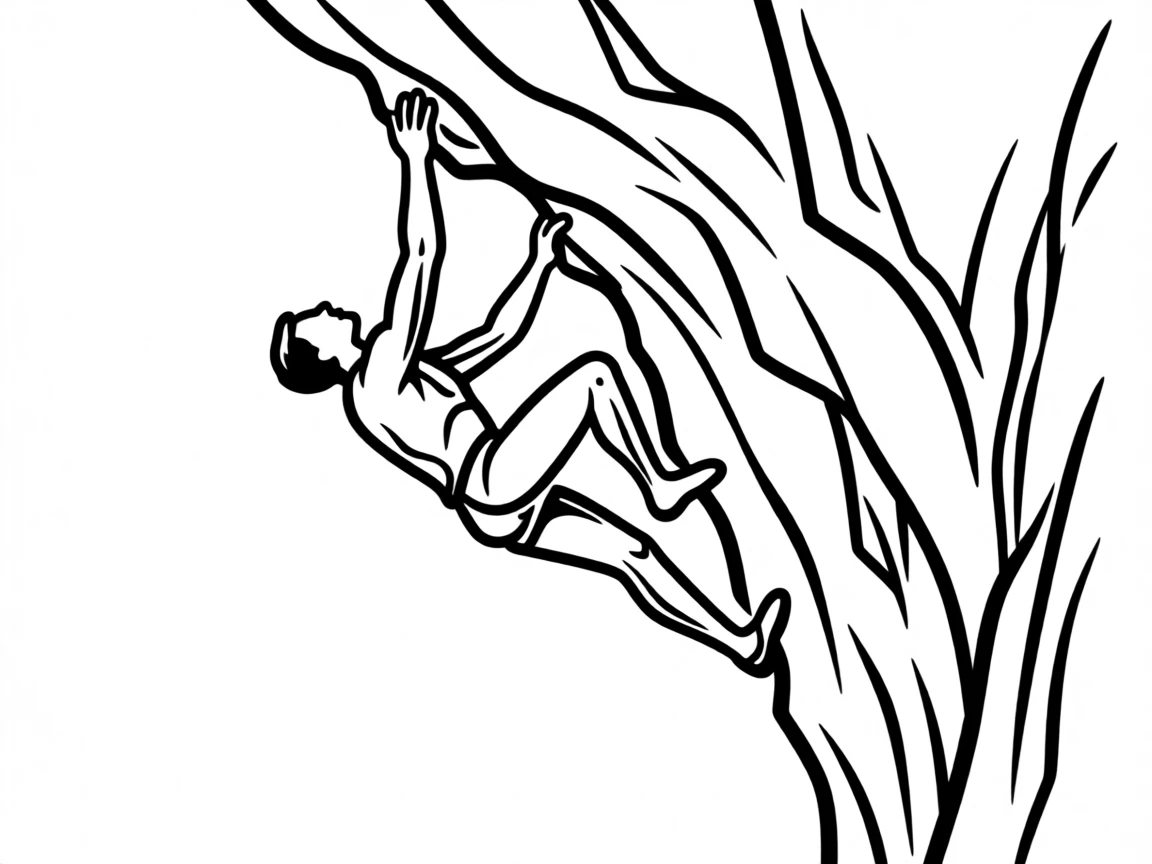 A rock climber reaching for a hold high on a dramatic cliff face.