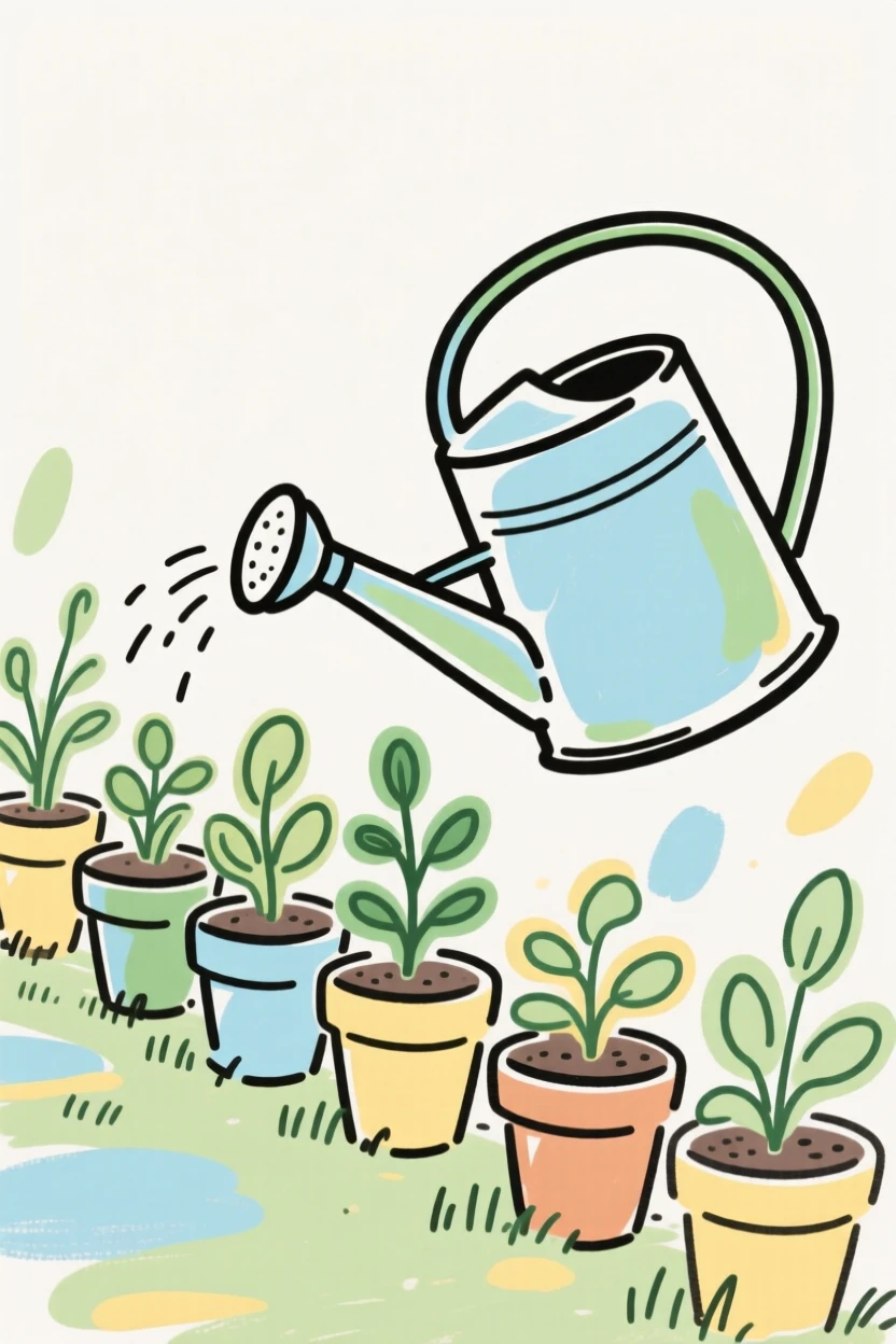 A garden watering can beside a row of freshly potted plants.