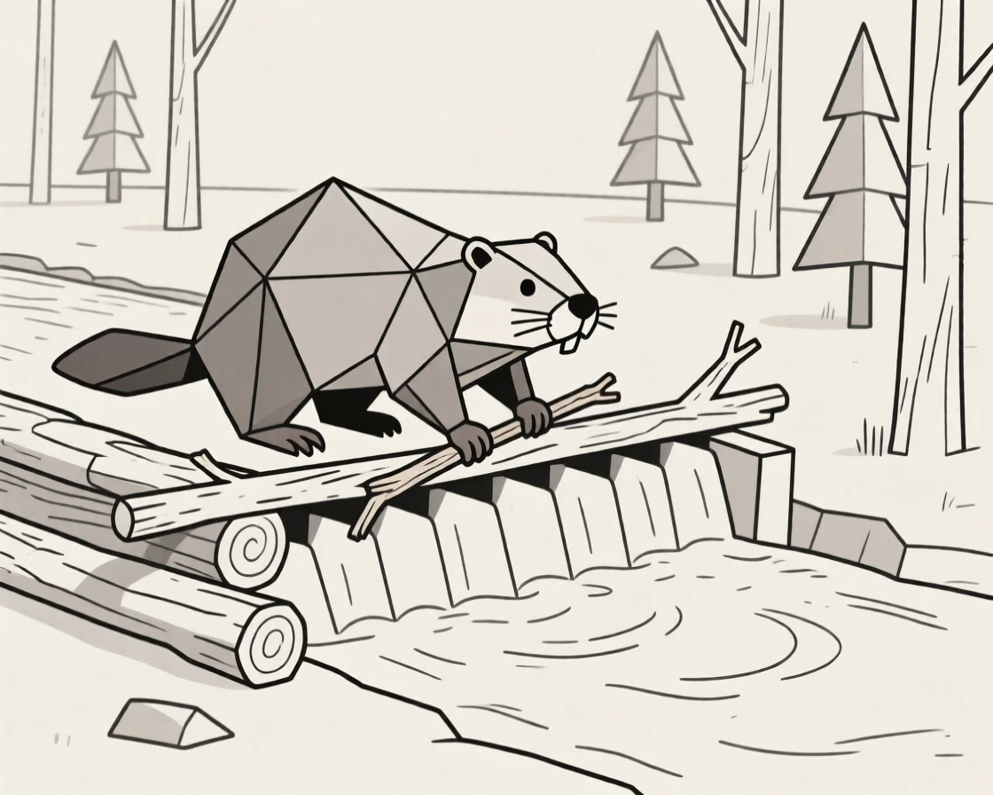 A beaver building a dam across a forest stream