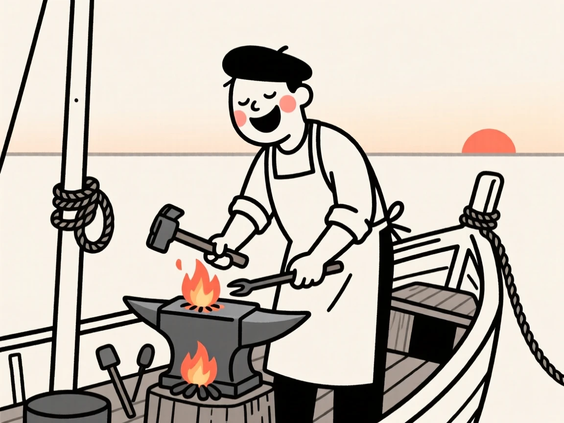 A blacksmith of french heritage at the forge, laughing joyfully, on a fishing boat at dawn.