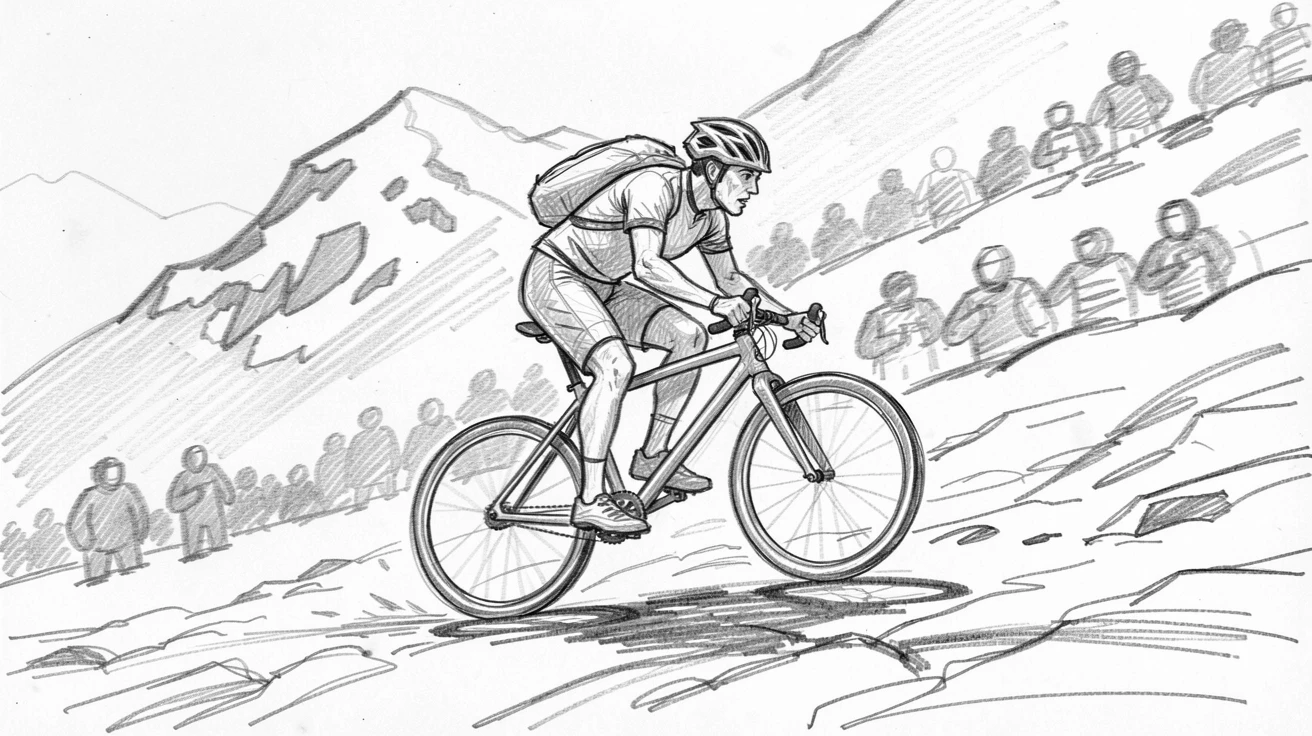 A dynamic action shot of a cyclist racing down a mountain trail atop a snowy mountain peak, with the crowd blurred in the background.