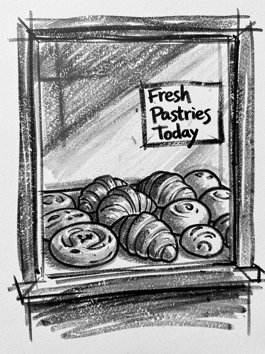 A row of fresh pastries displayed in a bakery window, as golden afternoon sun spills across the scene.