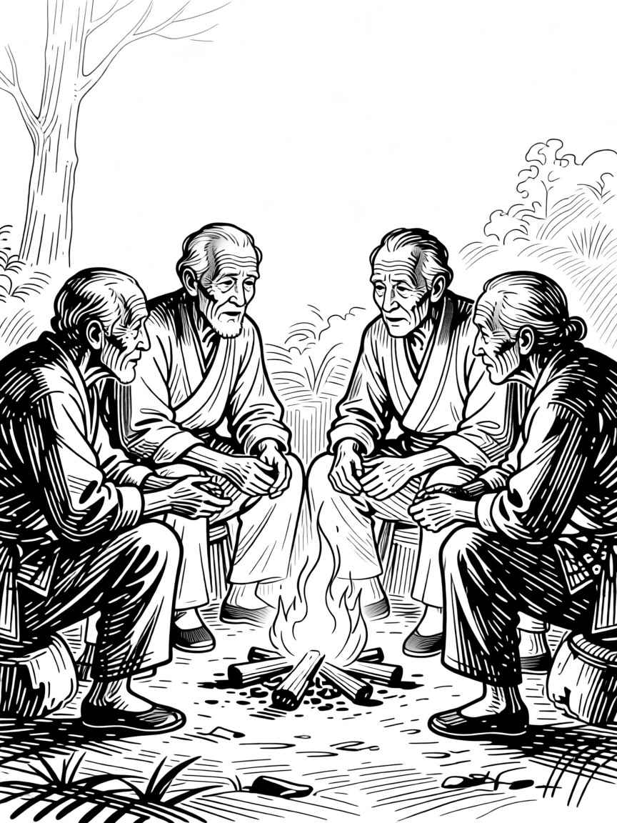 A group of elders sharing an oral history around a village fire.